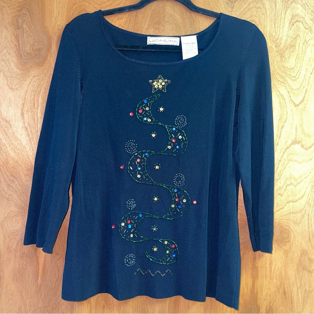 Vintage LUCIA BURNS Black Rayon Sweater Mod Bead & Sequin Christmas Tree Size XL